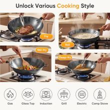 13.5 Inch Carbon Steel Wok Pan, Pre-Seasoned Flat Bottom Wok for Stir Fry, BBQ, Grill & Camping, Compatible with Induction, Electric, Gas and Open Fire, Black - view 5 of 6 | NEWBULIG