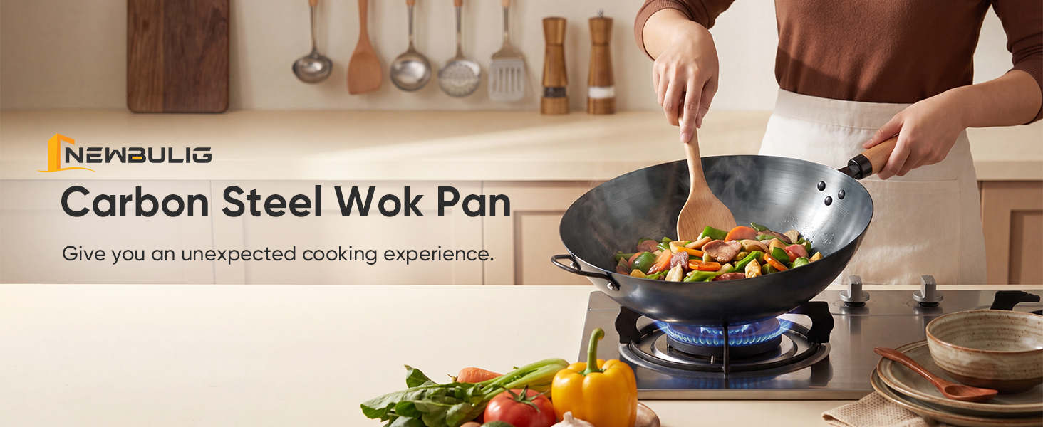 NEWBULIG 13.5 Inch Carbon Steel Wok Pan, Pre-Seasoned Flat Bottom Wok for Stir Fry, BBQ, Grill & Camping, Compatible with Induction, Electric, Gas and Open Fire, Black - NEWBULIG product detail