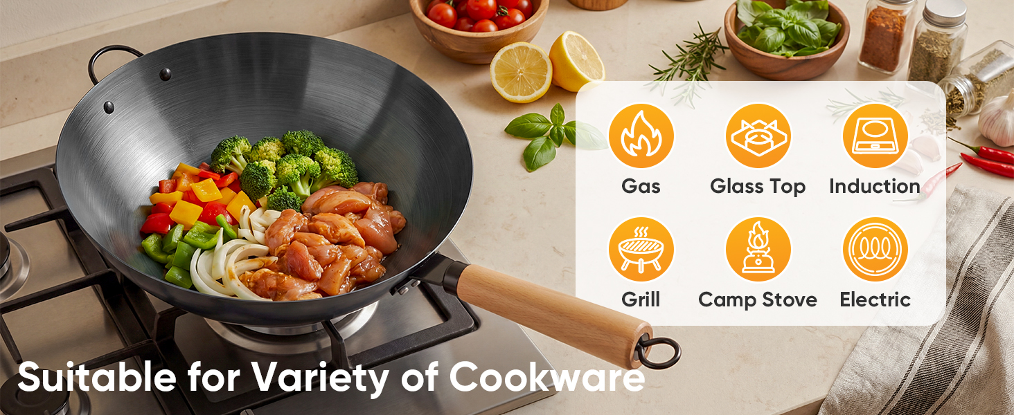 NEWBULIG 13.5 Inch Carbon Steel Wok Pan, Pre-Seasoned Flat Bottom Wok for Stir Fry, BBQ, Grill & Camping, Compatible with Induction, Electric, Gas and Open Fire, Black - NEWBULIG product detail