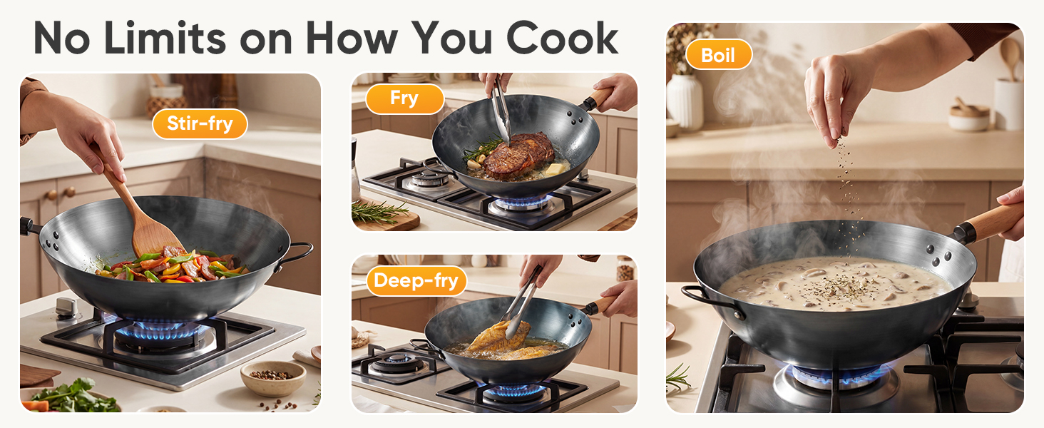 NEWBULIG 13.5 Inch Carbon Steel Wok Pan, Pre-Seasoned Flat Bottom Wok for Stir Fry, BBQ, Grill & Camping, Compatible with Induction, Electric, Gas and Open Fire, Black - NEWBULIG product detail