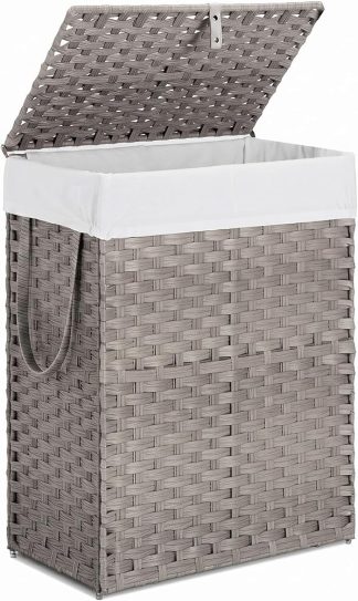 90L Large Laundry Hamper with Lid, Collapsible Dirty Clothes Basket Bag, Freestanding Fabric Bin for Bedroom, Bathroom, Closet and Dorm Room Organization, Grey | NEWBULIG