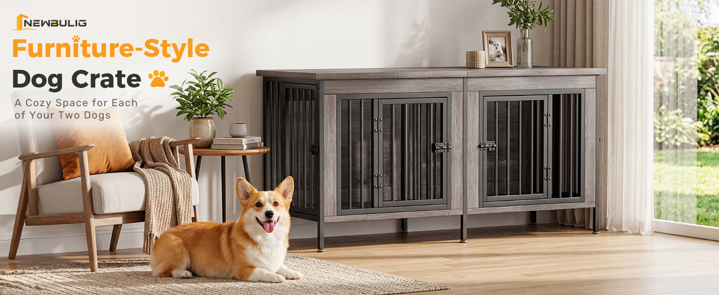 NEWBULIG 54 Inch Double Dog Crate Furniture for 2 Dogs, Gray Wood Grain - NEWBULIG product detail