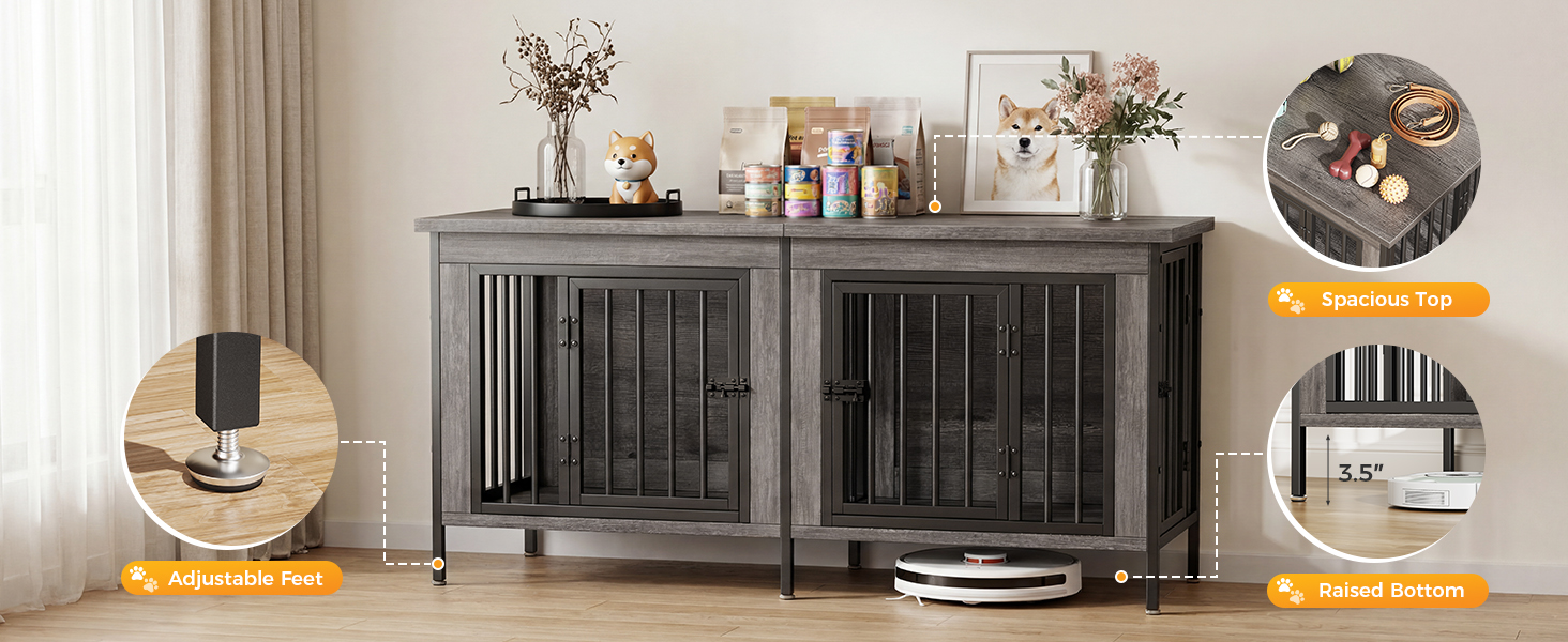 NEWBULIG 54 Inch Double Dog Crate Furniture for 2 Dogs, Gray Wood Grain - NEWBULIG product detail