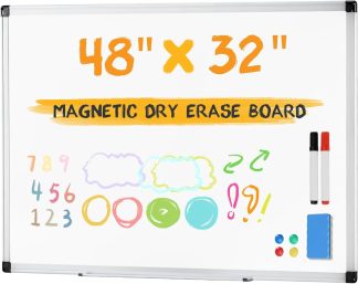 White Board, 48 x 32 Inch Magnetic Dry Erase Board for Wall with 1 Dry Eraser & 2 Multi-Color Markers & 4 Magnetic Pins, Silver Aluminum Frame for Office, Home, School | NEWBULIG
