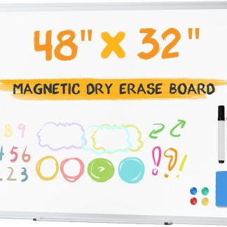 White Board, 48 x 32 Inch Magnetic Dry Erase Board for Wall with 1 Dry Eraser & 2 Multi-Color Markers & 4 Magnetic Pins, Silver Aluminum Frame for Office, Home, School | NEWBULIG