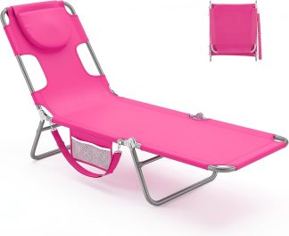 Beach Lounge Chair Outdoor, Tanning Chair with Face Hole, Pink | NEWBULIG
