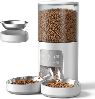 Automatic Cat Feeder for 2 Pets 6L Dog Food Dispenser, White | NEWBULIG