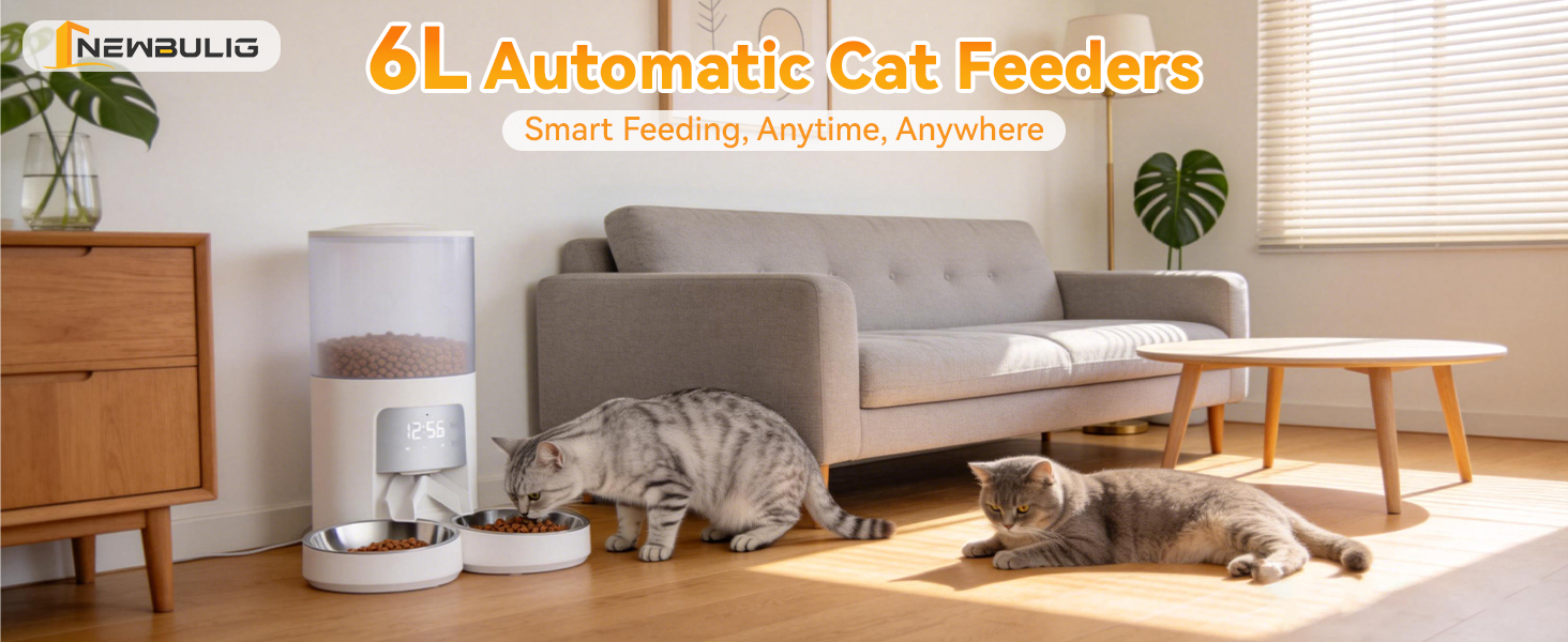 NEWBULIG Automatic Cat Feeder for 2 Pets 6L Dog Food Dispenser, White - NEWBULIG product detail