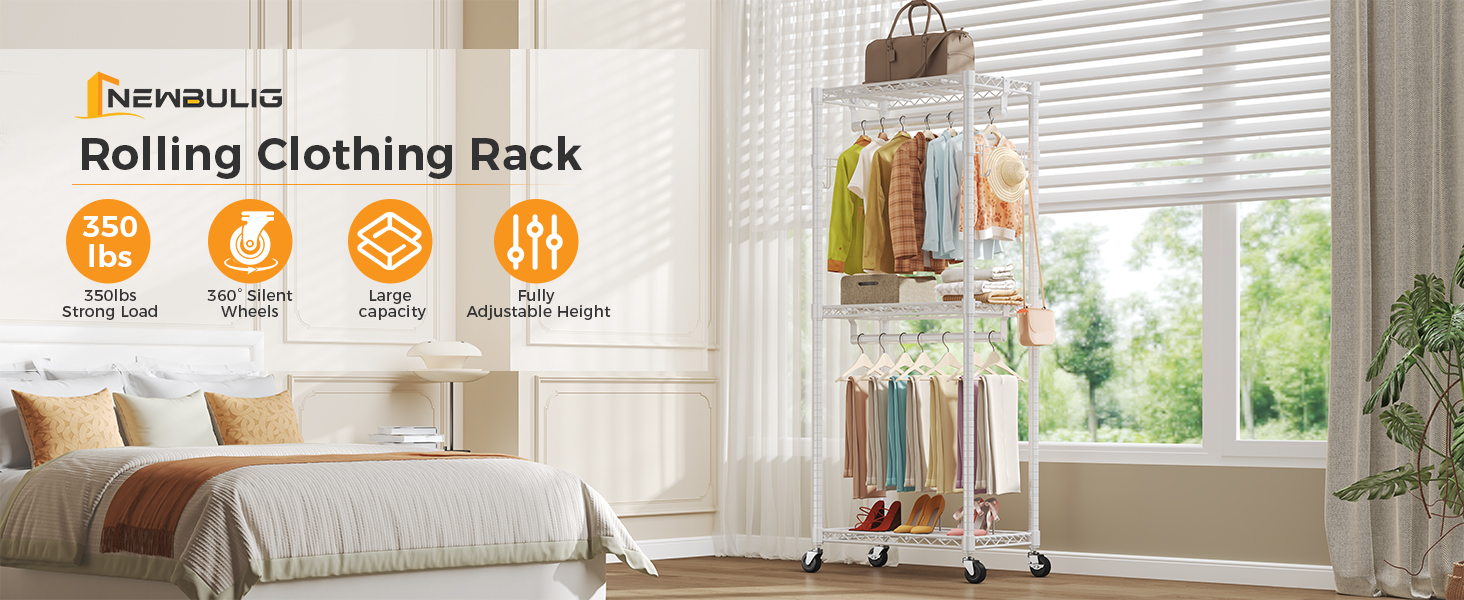 NEWBULIG Heavy Duty Garment Rack with Wheels, 3-Tier Clothing Rack White - NEWBULIG product detail